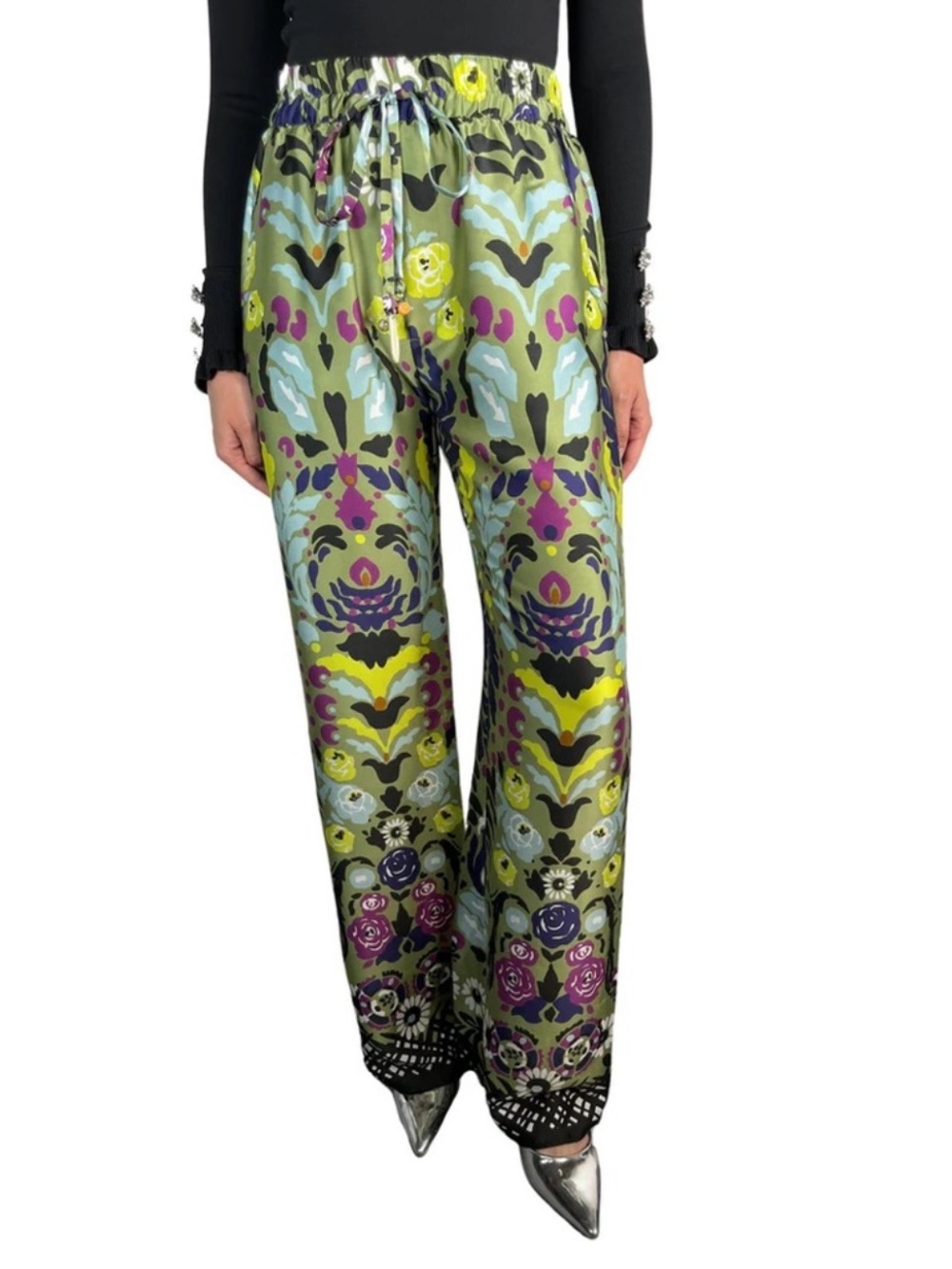 Zara Green Floral & Purple Print Wide-Leg Pants